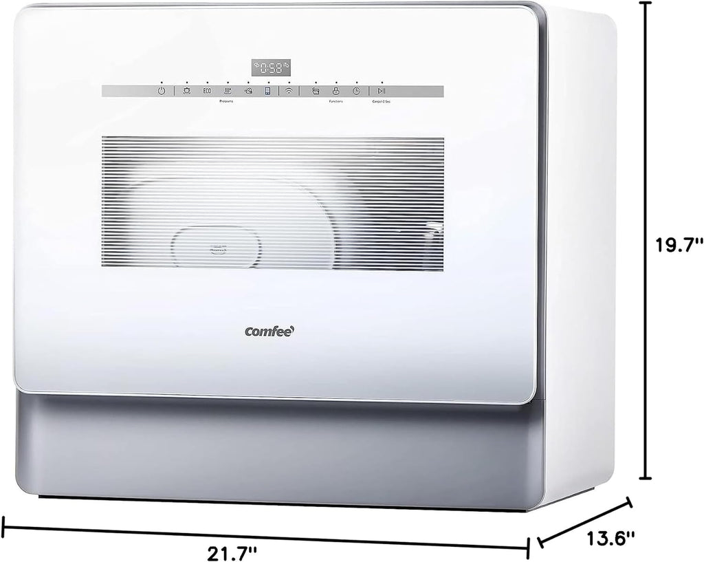 COMFEE' Portable Dishwasher Countertop with 5L Built-in Water Tank, No Hookup Needed, 6 Programs, 360?? Dual Spray, 192?H High-Temp& Air-Dry Function, Mini Dishwasher for RVs, White