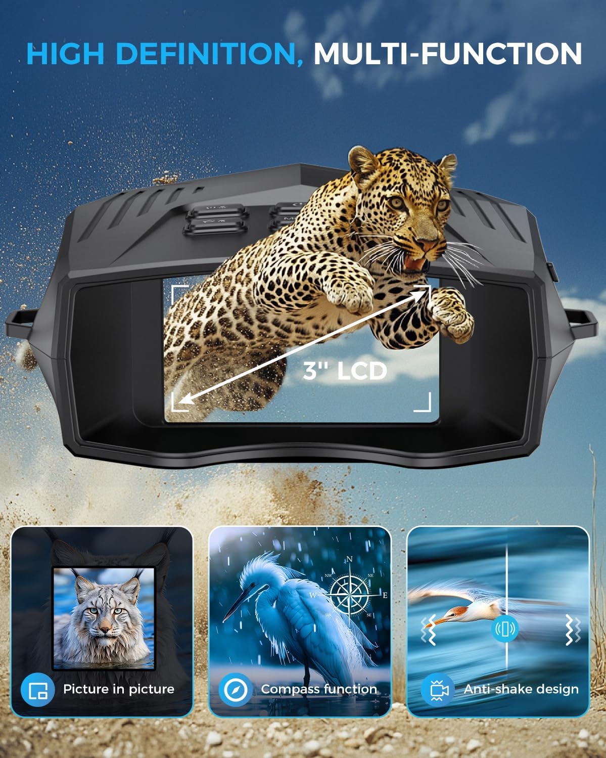 Night Vision Goggles - 5K Night Vision Binoculars for Adults, 5000mAh Rechargeable Infrared Binoculars with 3'' Large Screen, 10X Digital Zoom External Flashlight for Camping1 pcs