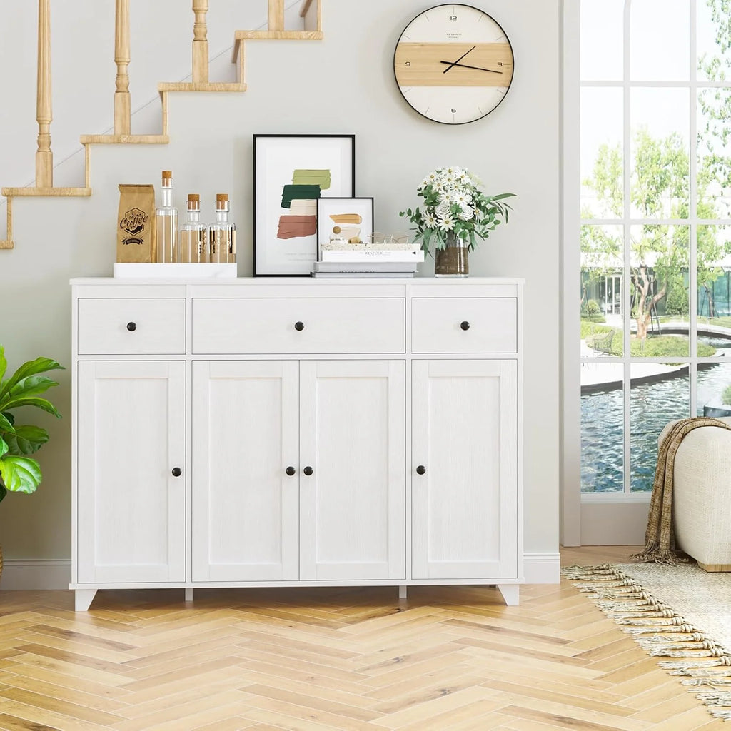 Sideboard Buffet Cabinet with Storage, 47" Kitchen Storage Cabinet with 3 Drawers, 4 Doors & Adjustable Shelves, Modern Coffee Bar Cabinet Wood Accent Cupboard for Dining Living Room, White1 pcs