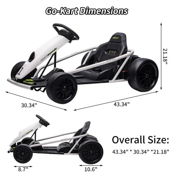 24V Go Kart for Kids 8-12, 300W*2 Motors, 9Ah Battery, 8MPH Speed, Music, Horn, 175lbs Max Load �� White