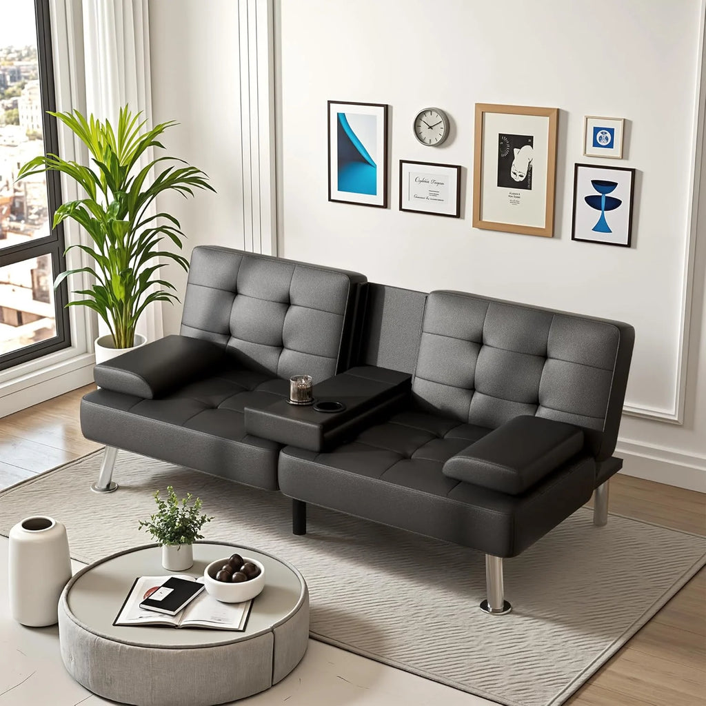 Futon Sofa Bed Convertible Folding Futon Set Modern Recliner Lounge for Small Room & Living Room with 2 Cup Holders, Removable Armrests (Artificial Leather, Black)1 pcs