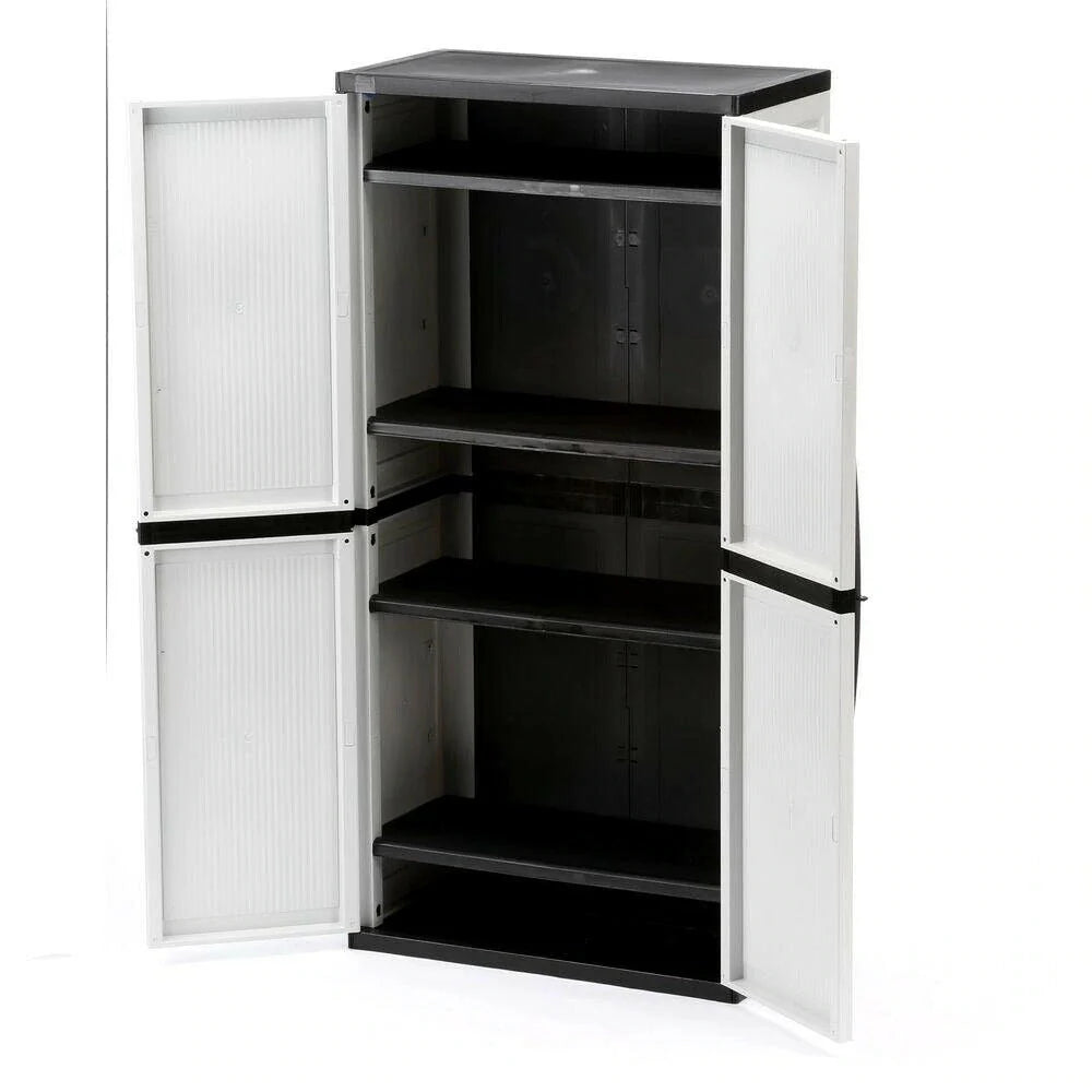 Freestanding garage cabinet made of grey plastic, model 2025, 89 cm W x 180 cm H x 46 cm D, with adjustable shelves and lockable doors.