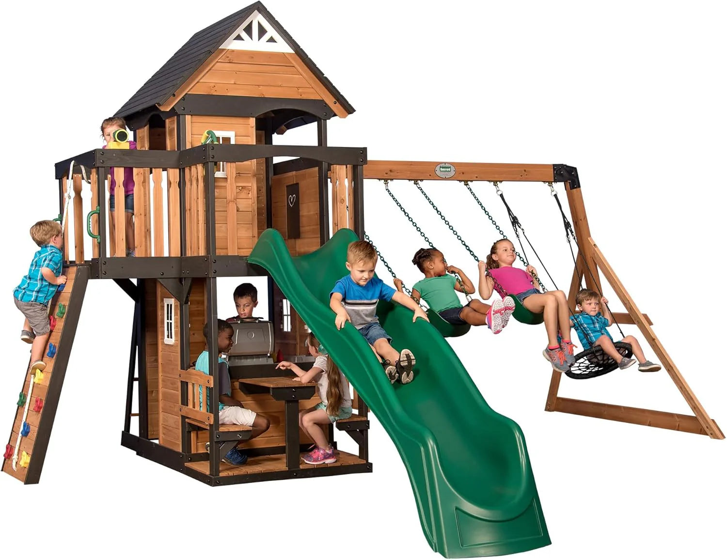 Gorge Creek Pure Pine Swing Set, Playhouse with Barbecue Grill, Plastic Utensils, Picnic Area, Steering Wheel, Double-Padded Swing, Rock Climbing Wall, Balcony, Terrace, Mesh Swing (Green Slide)1 pcs