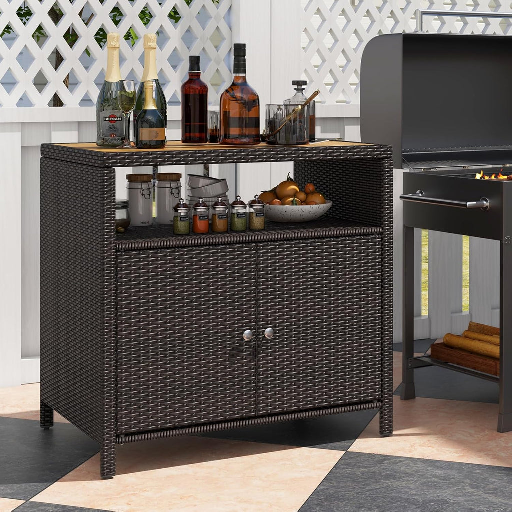 Rattan Storage Cabinet, Patio Sideboard Buffet Cabinet with Acacia Wood Countertop, Open Shelf & 2 Door Cabinet, Wicker Storage Organizer for Garden Tools (Mixed Brown)1 pcs