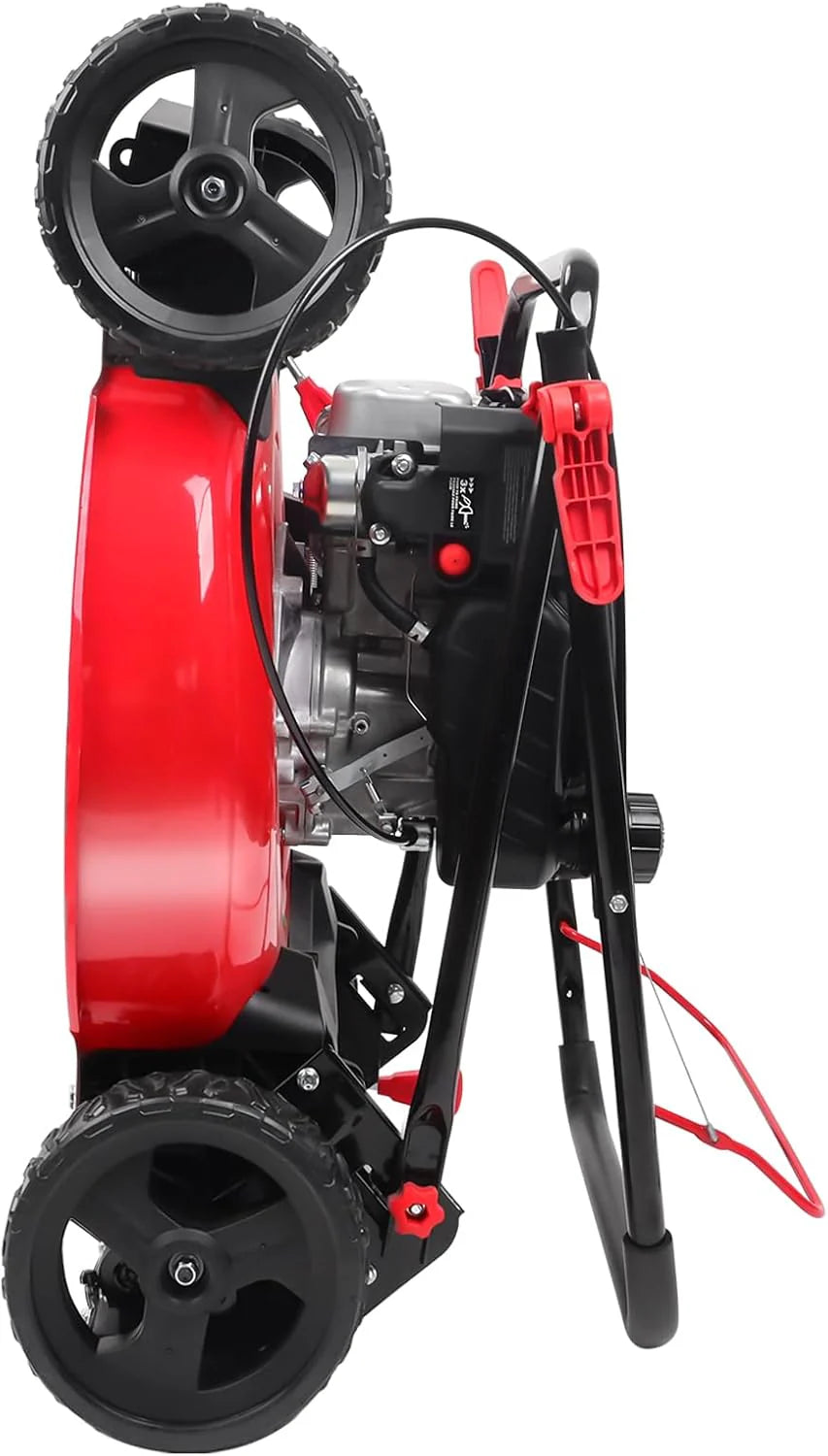 21-inch gas-powered lawn mower, equipped with a 144cc four-stroke all-terrain engine, featuring both crushing and side-discharge functions, with adjustable cutting height ranging from 6 positions.1 pcs