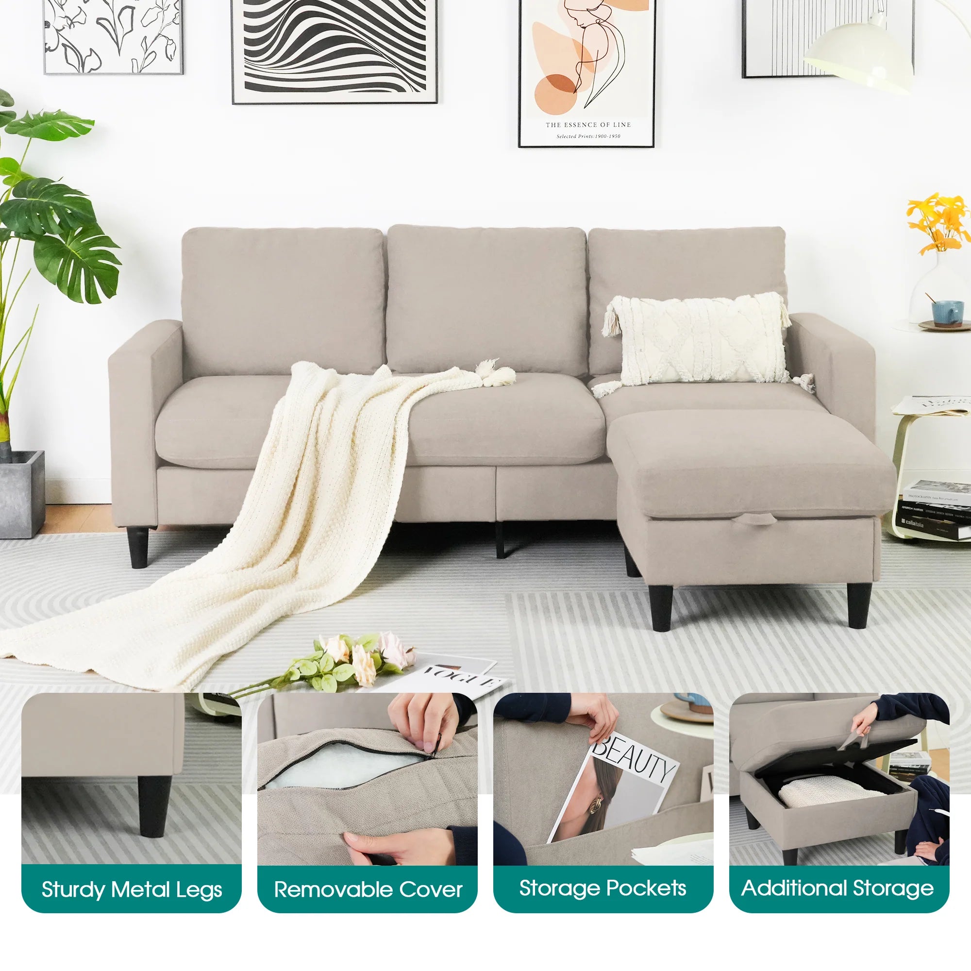 3 Seater Sofa Lounge Set Beige