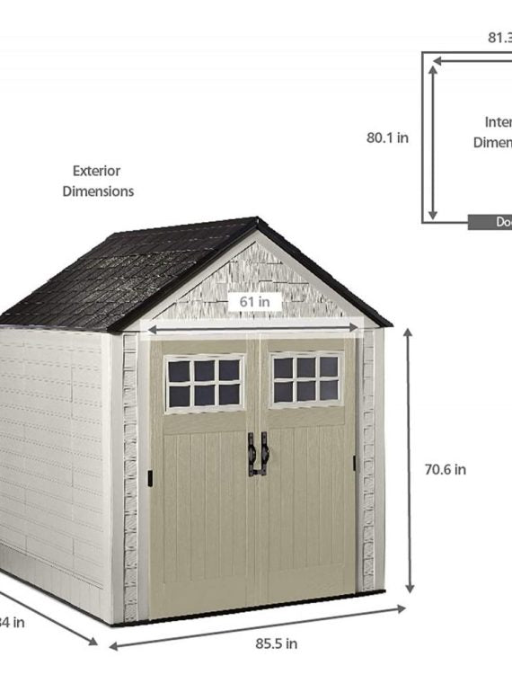 Rubbermaid 7??7 Ft Durable Weather Resistant Resin Outdoor Garden Storage Shed with Windows and Utility Hooks, Sand