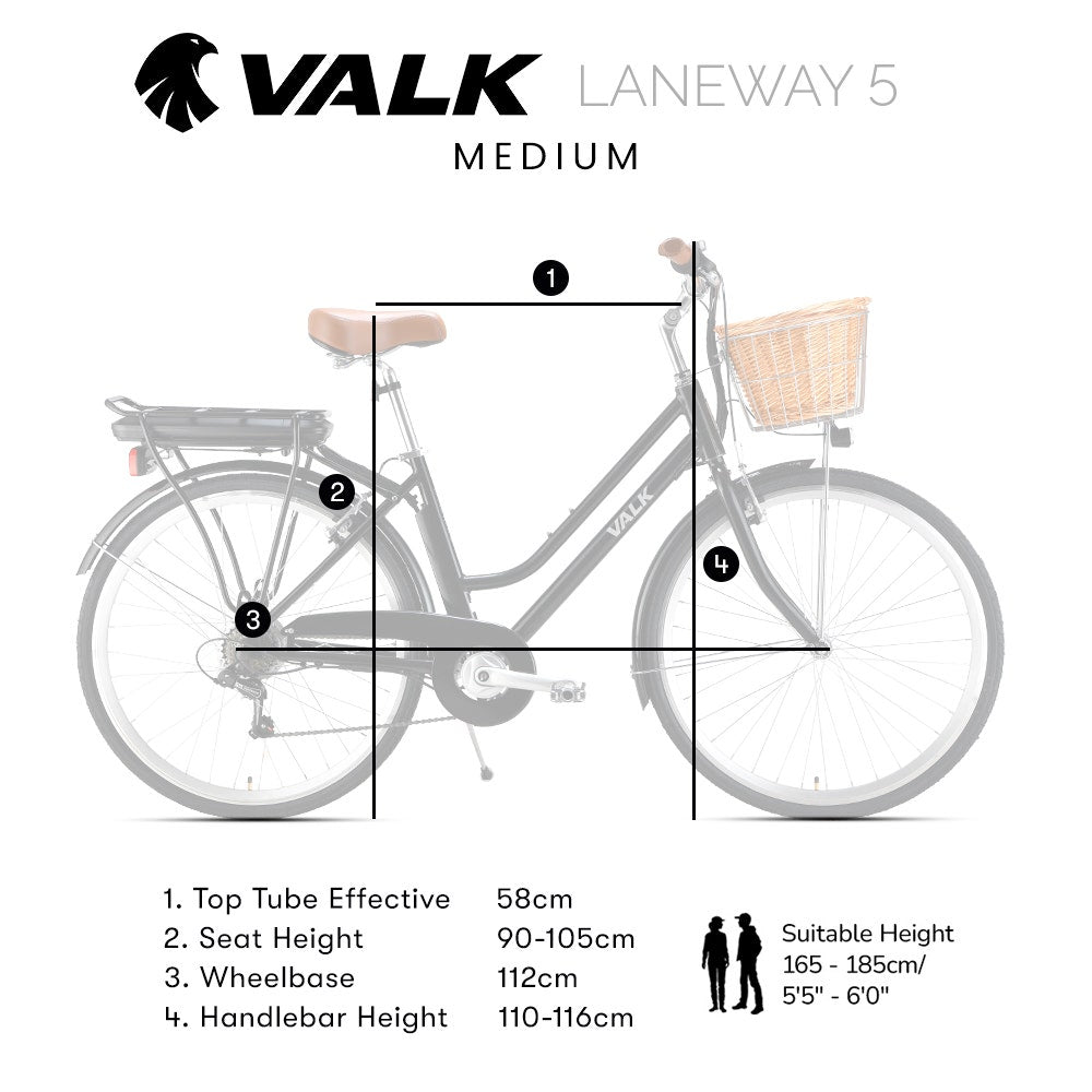 VALK Laneway 5 Vintage Electric Bike, Torque Sensor equipped eBike, Medium, Black
