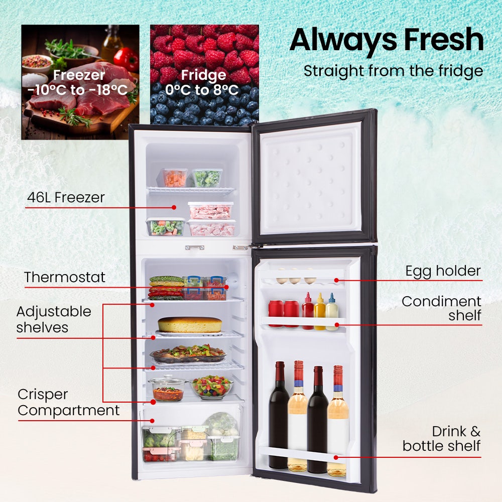 GECKO 142L Upright Portable Fridge / Freezer, 12V/24V for Motorhome and Caravan, Black