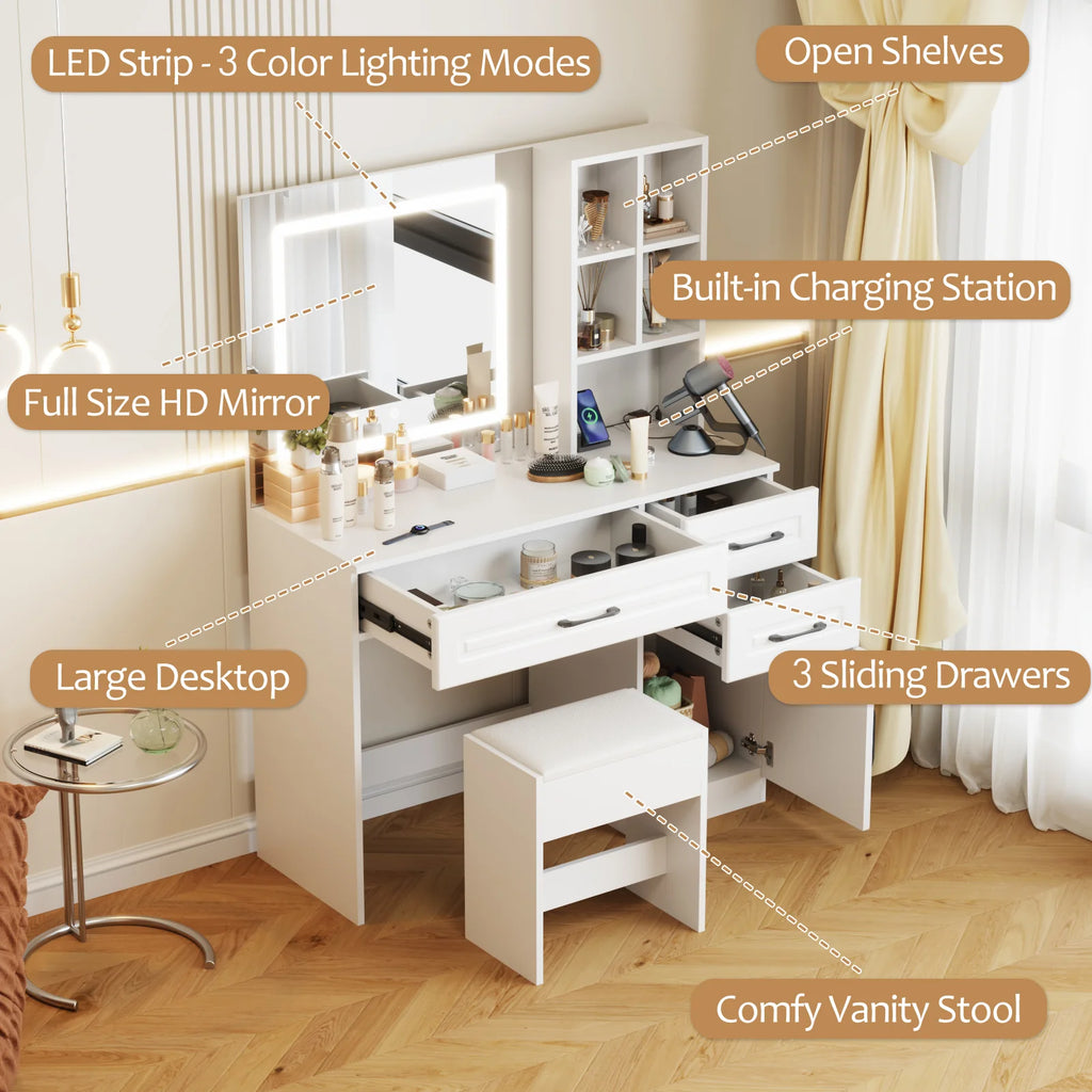 Dressing Table Stool Set with Charging Station
