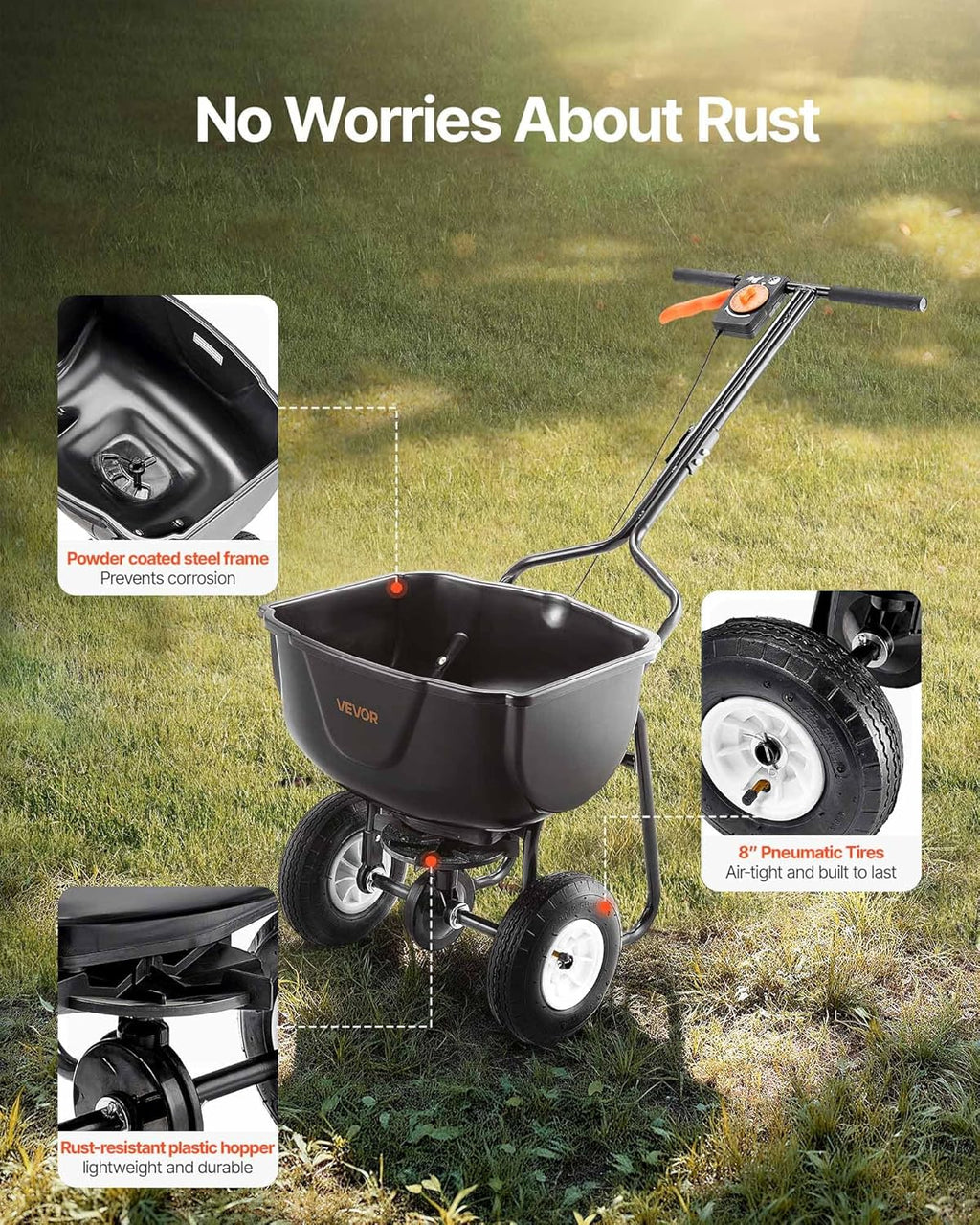 Broadcast Spreader, 60LBS Capacity, Walk-Behind Push Spreader, 0-9.8 ft Spreading Width, 10 in All Terrain Pneumatic Tires, Lawn Spreaders with Hopper Grate, for Seed, Fertilizer, Salt, Ice Melt1 pcs