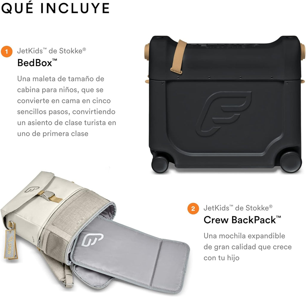 JetKids by Stokke Travel Bundle - Includes Kid??s Ride-On Suitcase & In-Flight Bed + Crew BackPack - Best for Ages 3-7