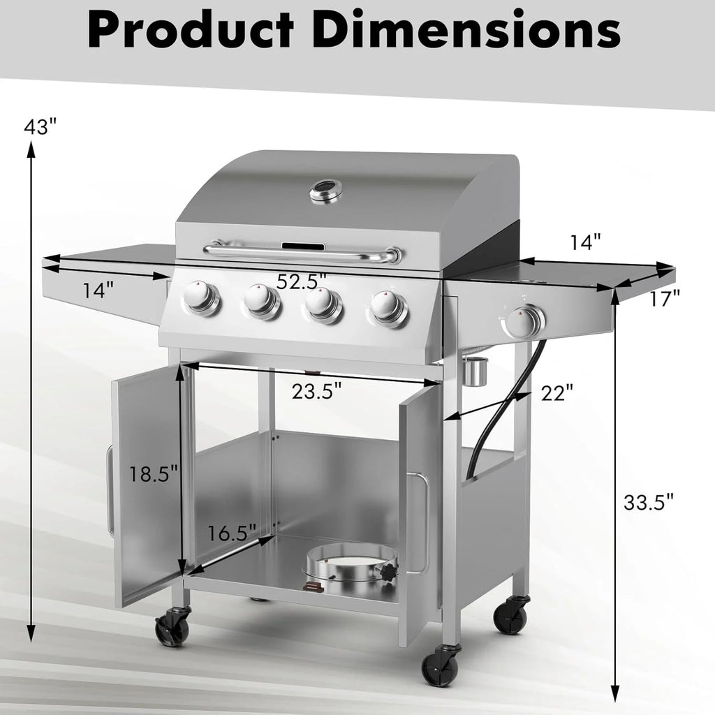 Propane Gas Grill 50,000 BTU, 4 Main Burners, 1 Side Burner, 2 Prep Tables, Stainless Steel Heavy-Duty BBQ Grill with 4 Wheels for Backyard Party Outdoor Cooking1 pcs