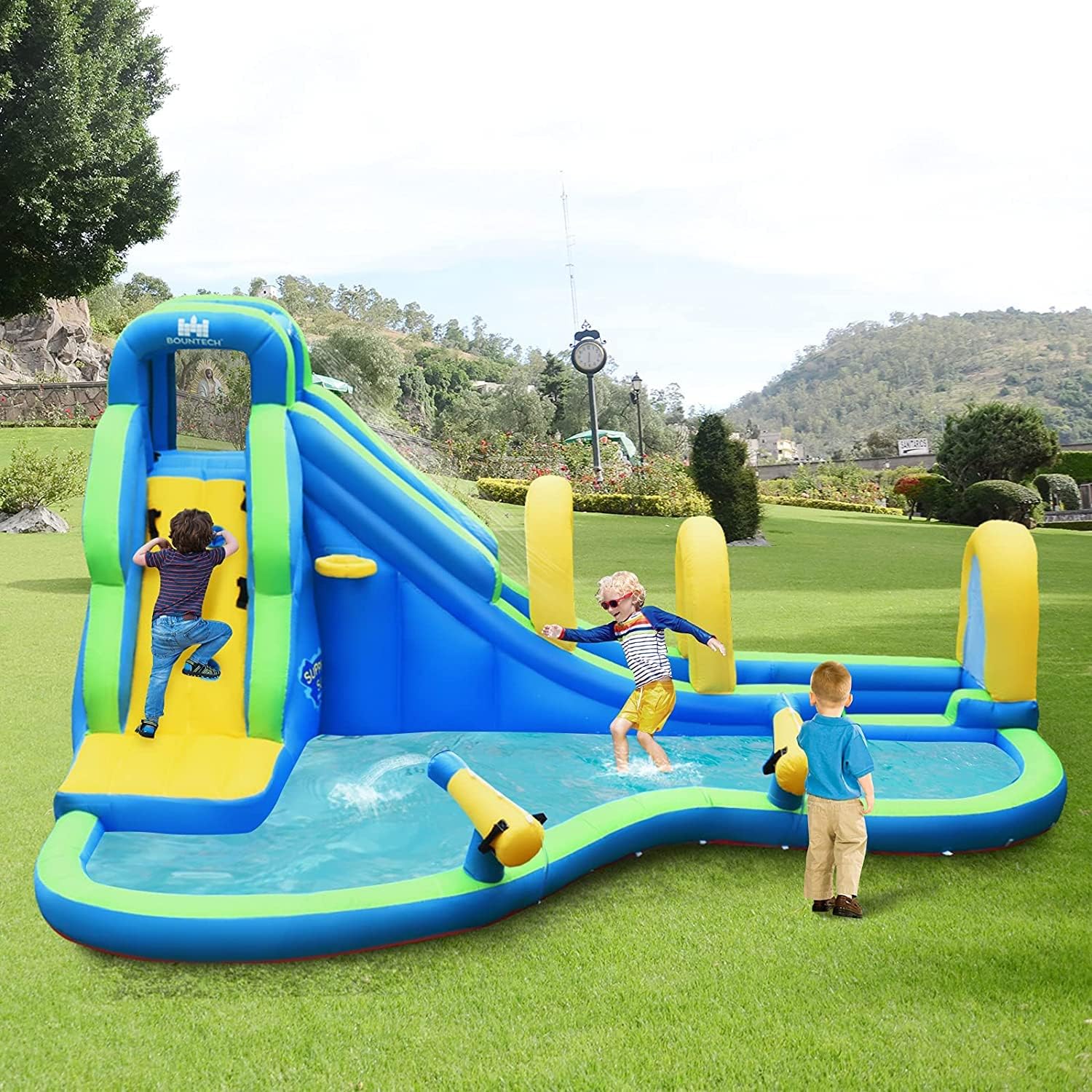 Inflatable Water Slides, 5 in 1 Kids Castle Bouncy House w/2 Water Cannons & Hose, Long Slides w/Arch, Climbing Wall & Splash Pool, Outdoor Blow Up Water Park for Backyard(Without Blower)1 pcs