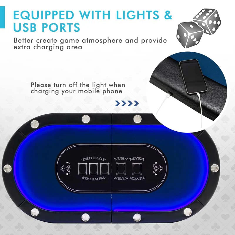 10 Players Folding Game Poker Table for Texas, Card Games, Casino Leisure Table with Cup Holder, 4 USB Ports, Extra Lights