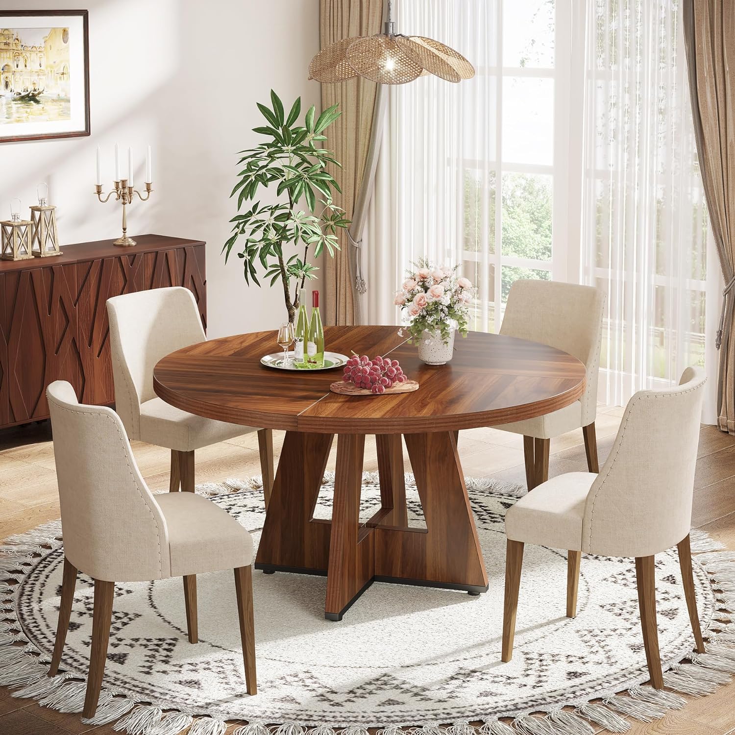 Farmhouse Dining Table, 47 Inch Round Dinner Table for 4, Rustic Brown Dining Room Table for Home Dining Room Living Room (Easy Assembly) (Black)1 pcs