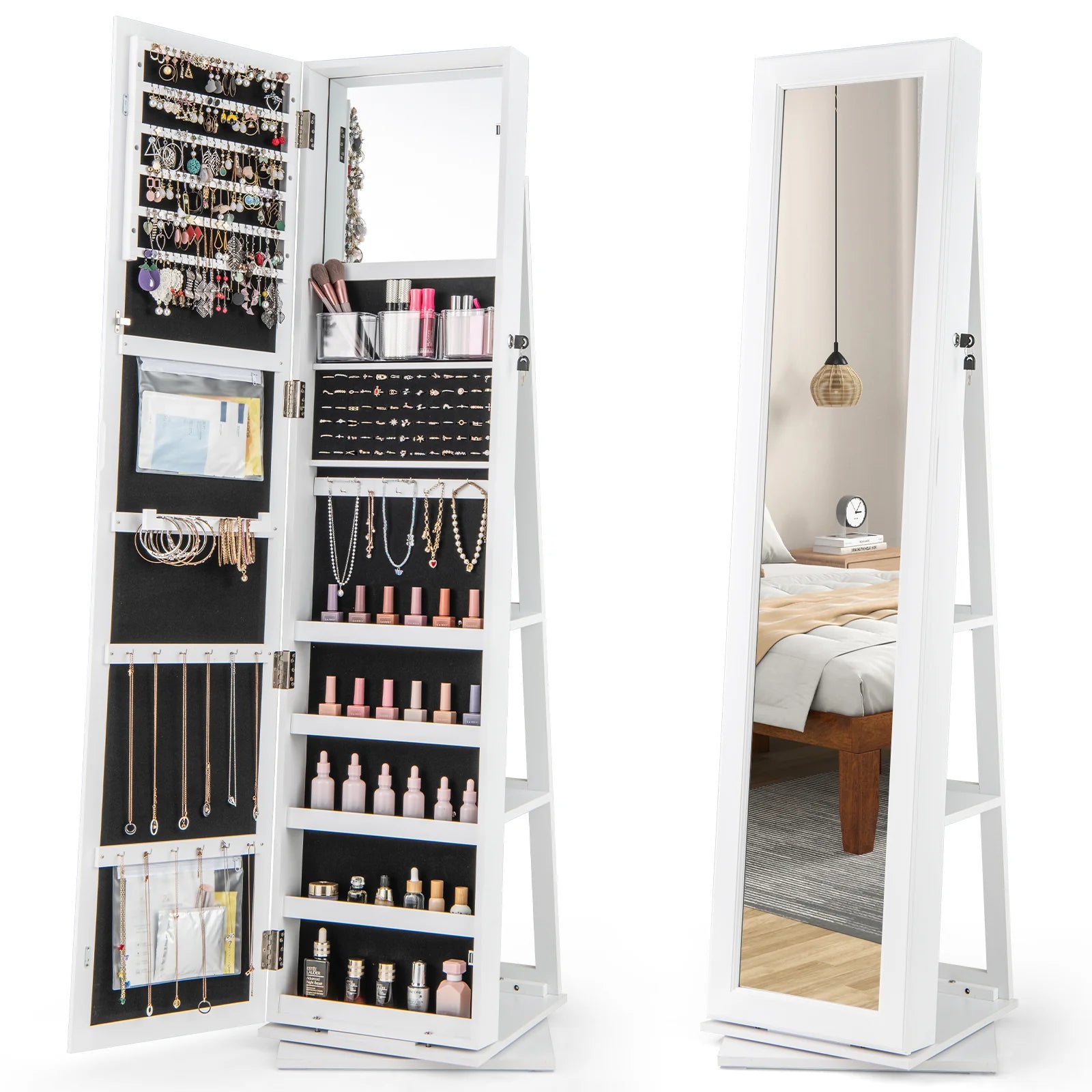 360�� Swivel Jewelry Armoire, Standing Jewelry Organizer with Full Length Mirror
